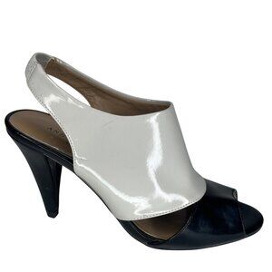 Ann Taylor Taupe Black Patent Leather Spats Style Peep Toe Heels Sz 6M Occasion